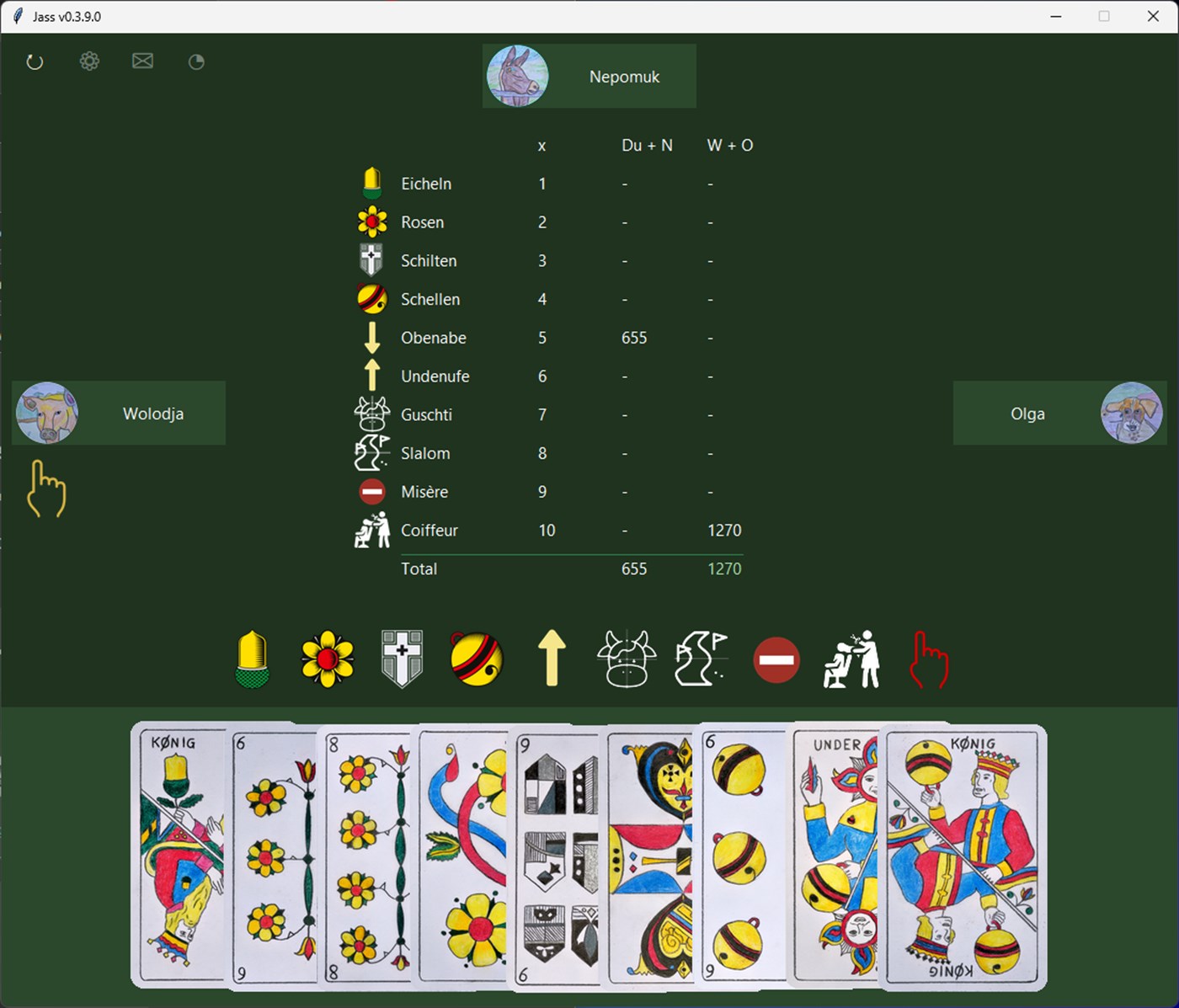 Ansage in einer deutschsprachigen Coiffeur-Partie in der Jass Windows-App