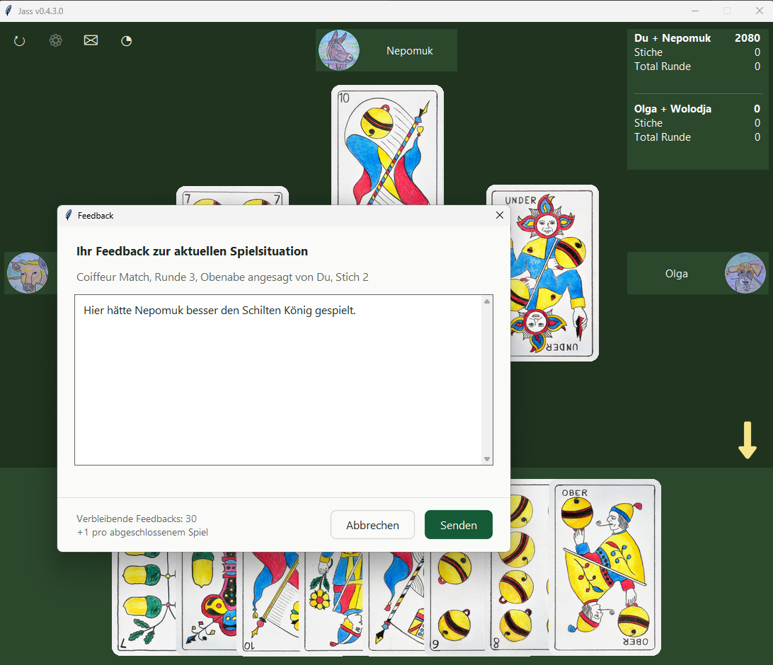 Feedbackfenster zur aktuellen Spielsituation in der Jass Windows-App