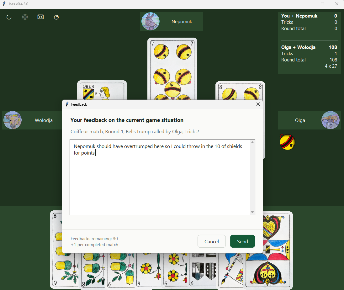Feedback dialog for the current game situation in the Jass Windows app
