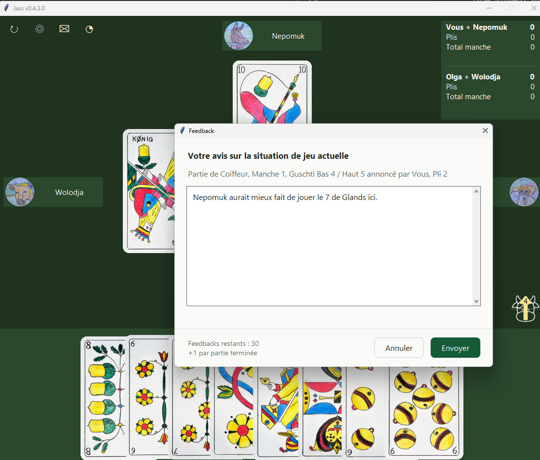 Fenêtre de feedback sur la situation de jeu actuelle dans l’application Jass pour Windows