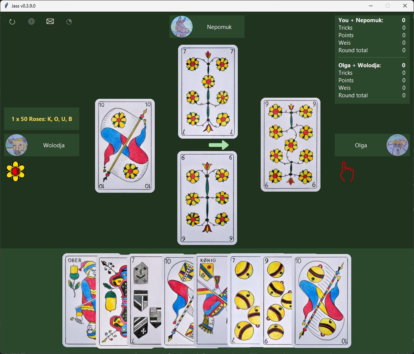 A Schieber game in progress in the Jass Windows app