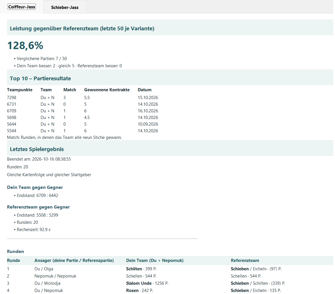 Vergleich Ihres Teams mit dem Referenzteam in der Jass Windows-App