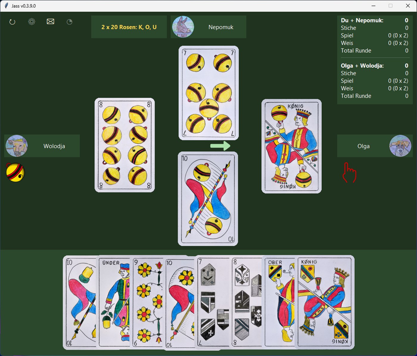 Laufende Schieber-Partie auf Deutsch in der Jass Windows-App